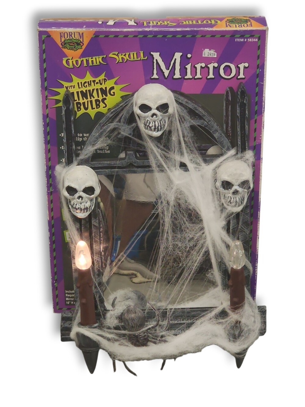 VTG 2005 Halloween 16" Gothic Skull Mirror Blinking Lights w/ Extra Spider Web